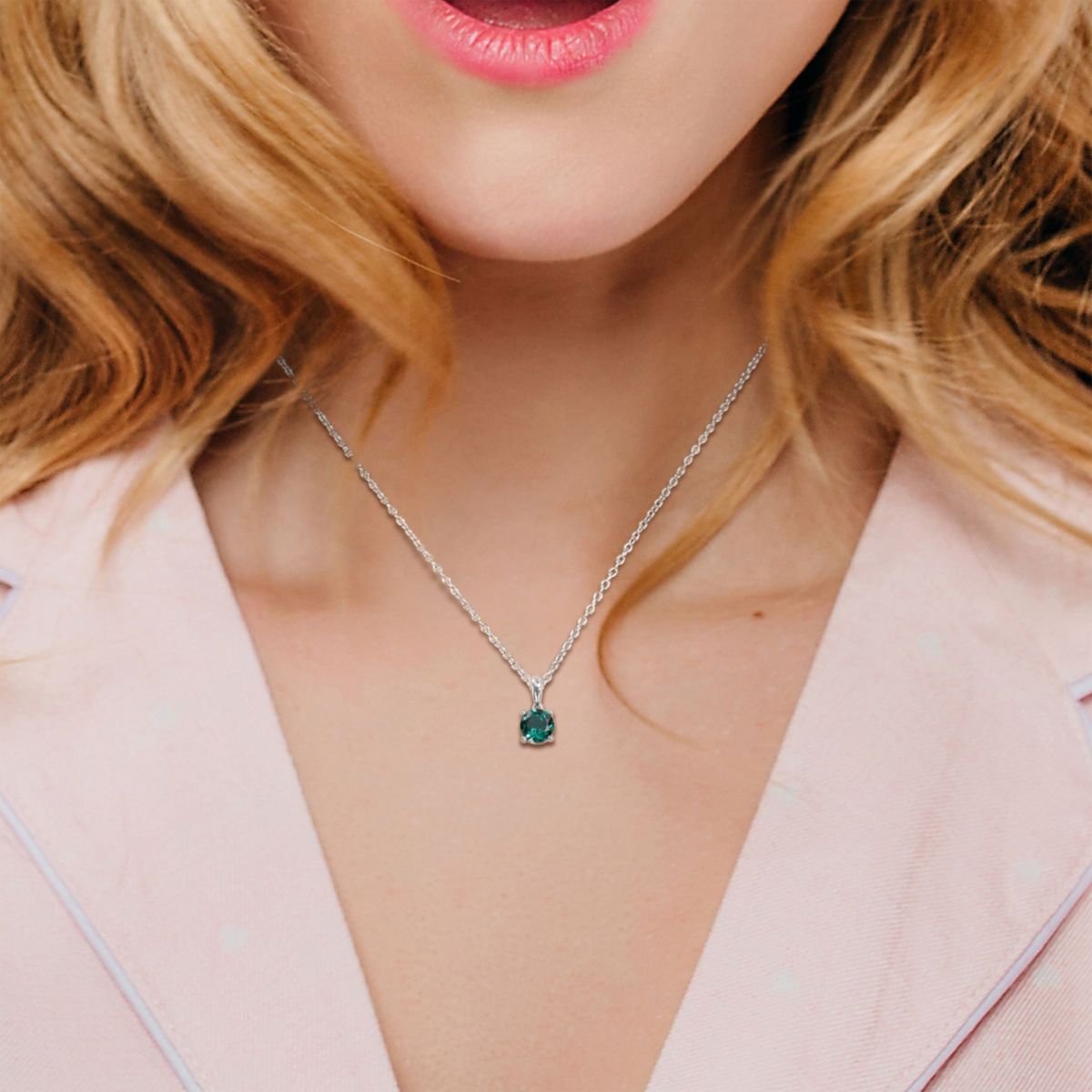 Lab Created Created Emerald Solitaire Classic Basket Setting Pendant with Chain in Sterling Silver