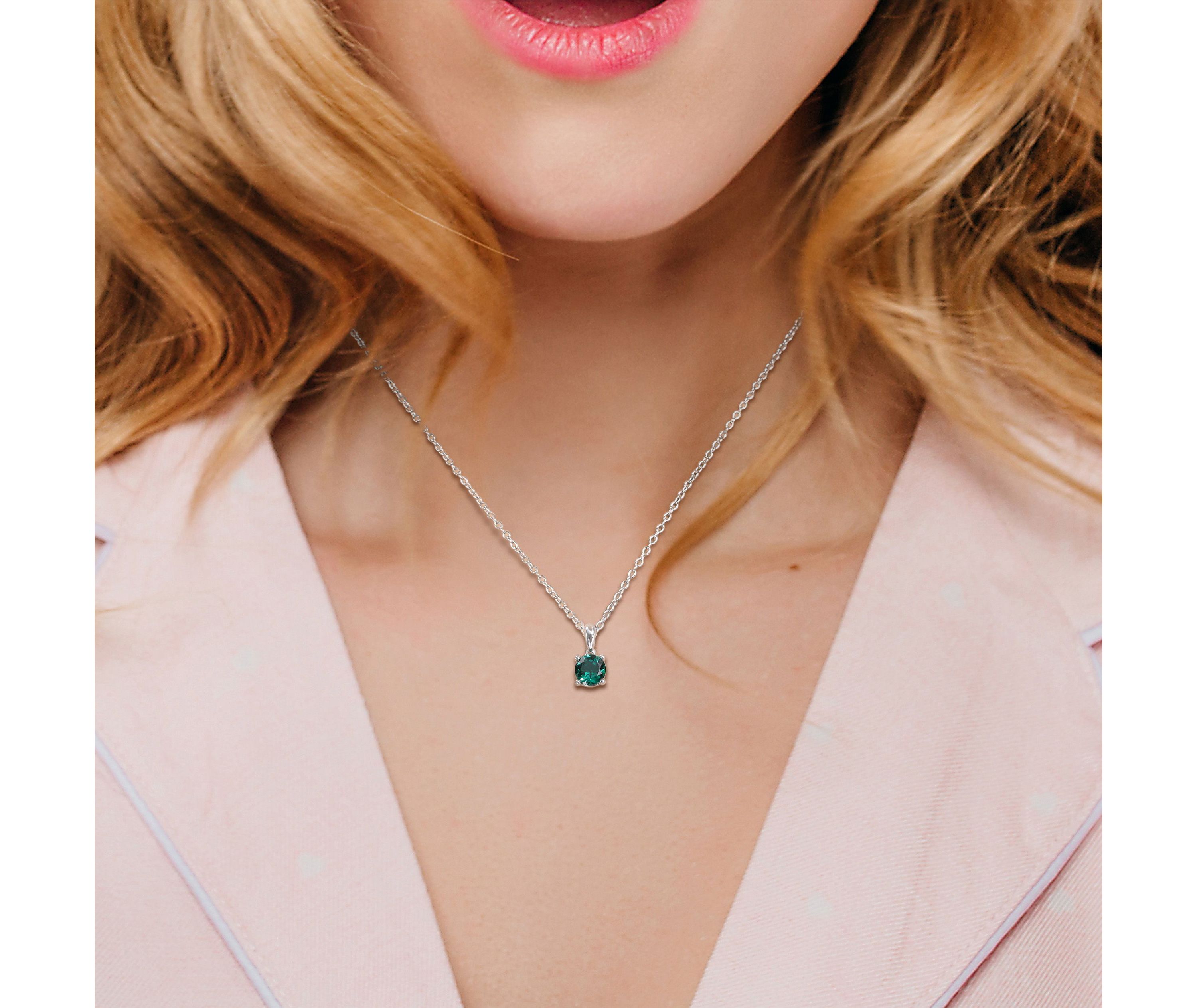 Lab Created Created Emerald Solitaire Classic Basket Setting Pendant with Chain in Sterling Silver