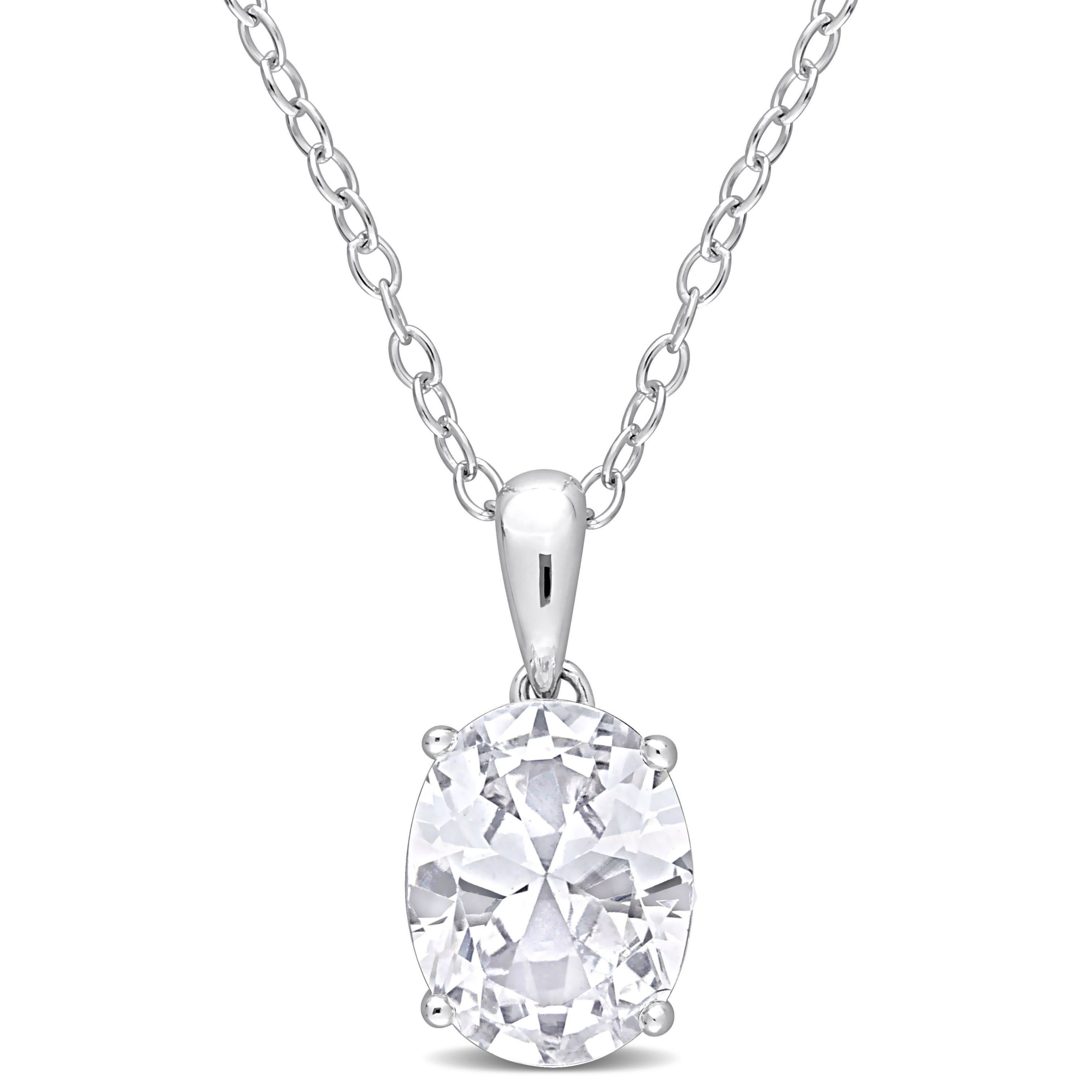 White Topaz Solitaire Classic Basket Setting Pendant with Chain in Sterling Silver