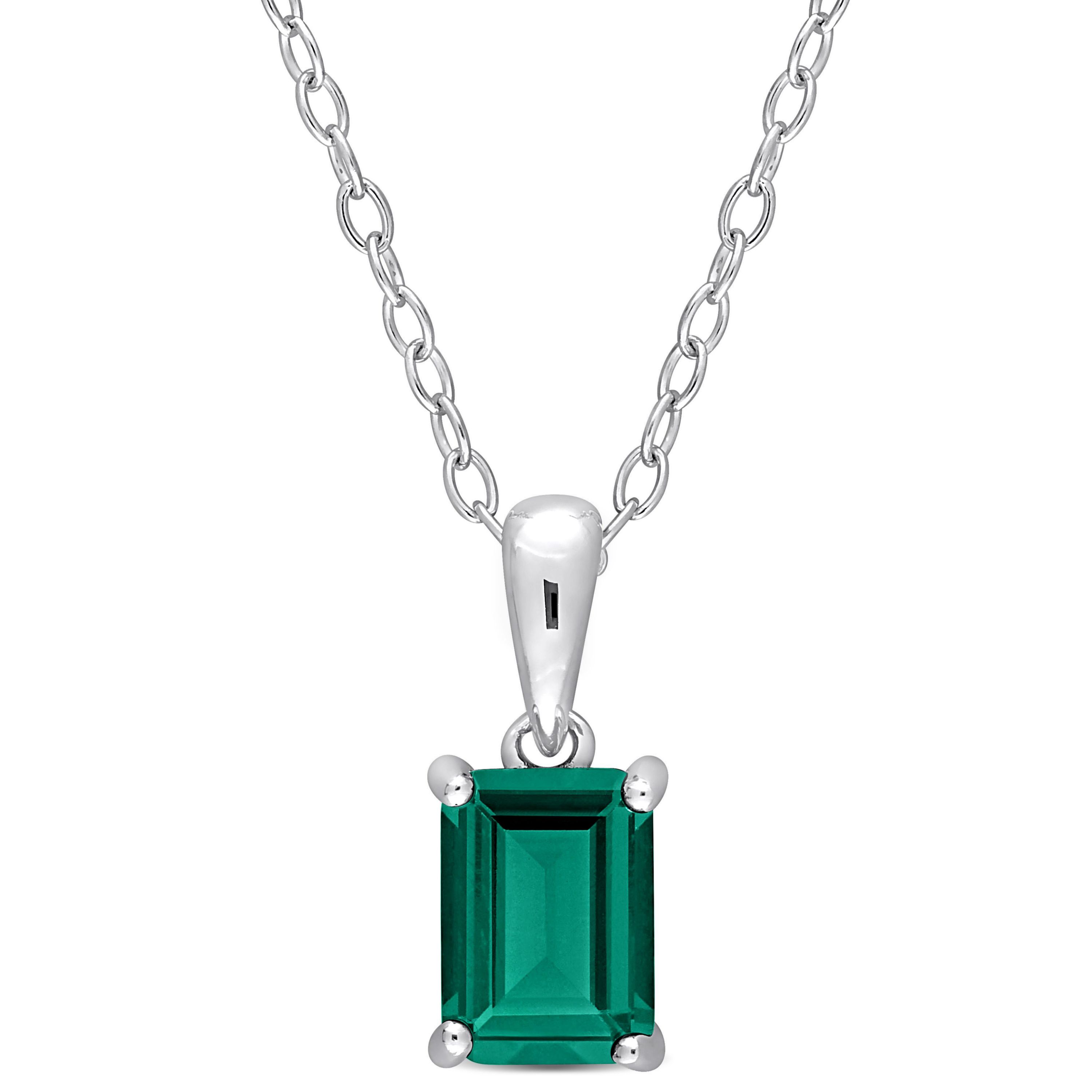 Lab Created Created Emerald Solitaire Classic Basket Setting Pendant with Chain in Sterling Silver