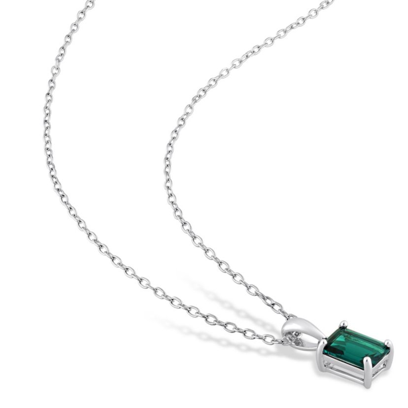 Lab Created Created Emerald Solitaire Classic Basket Setting Pendant with Chain in Sterling Silver