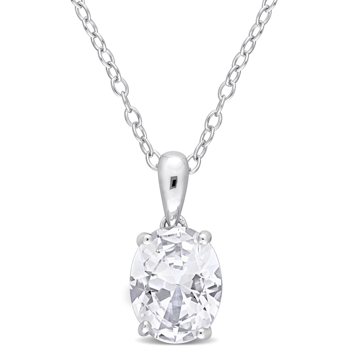 Lab Created Created White Sapphire Solitaire Design Pendant with Chain in Sterling Silver