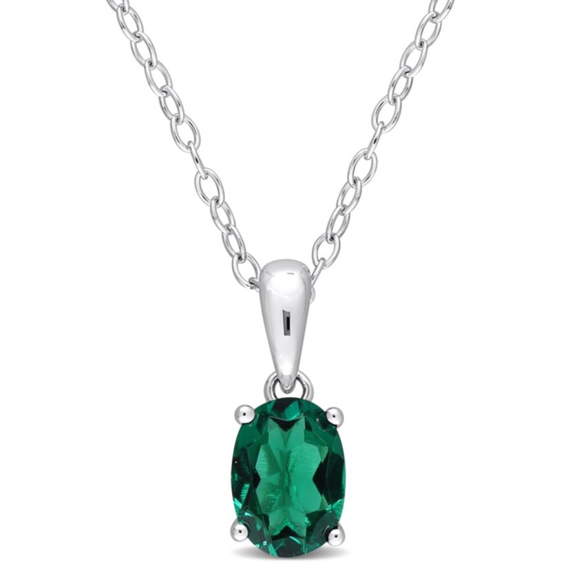 Lab Created Created Emerald Solitaire Design Pendant with Chain in Sterling Silver
