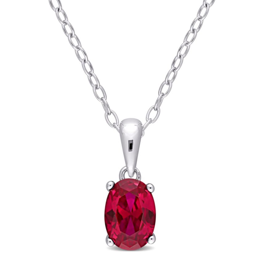 Lab Created Created Ruby Solitaire Design Pendant with Chain in Sterling Silver