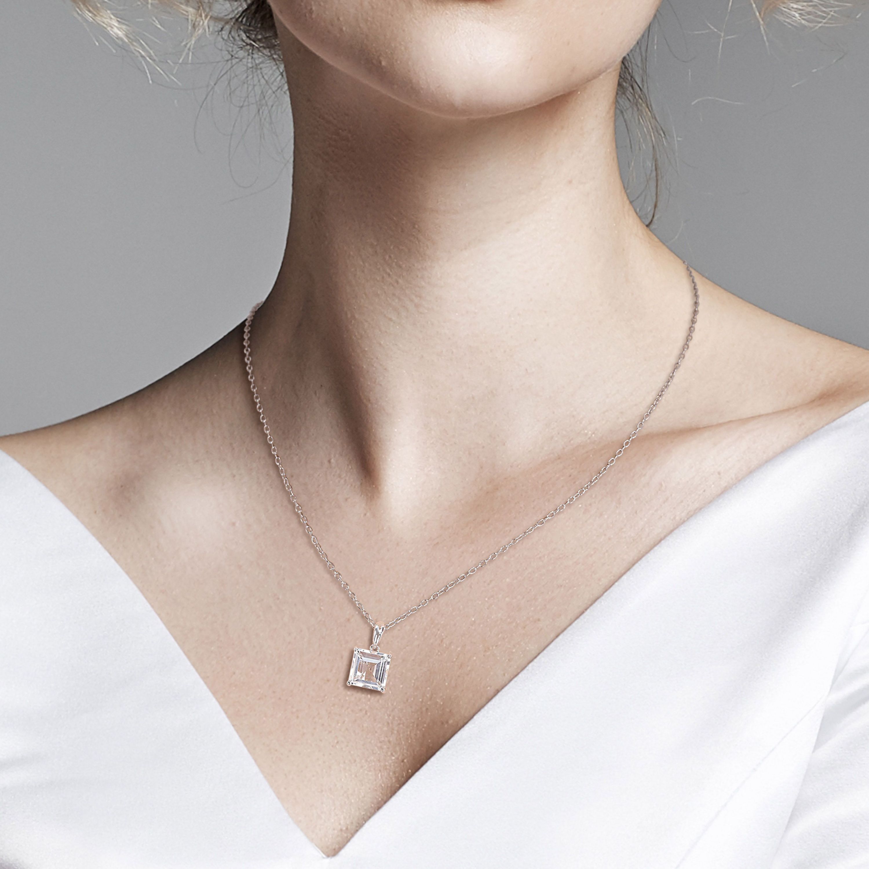 White Topaz Solitaire Design Pendant with Chain in Sterling Silver
