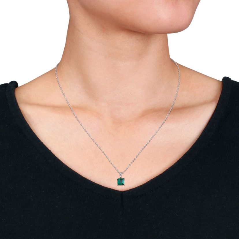 Lab Created Created Emerald Solitaire Design Pendant with Chain in Sterling Silver