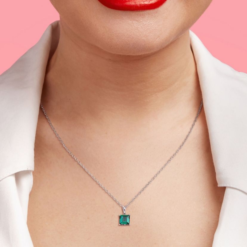 Lab Created Created Emerald Solitaire Design Pendant with Chain in Sterling Silver