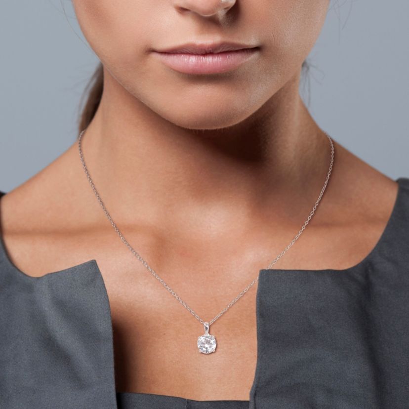 Lab Created Created White Sapphire Solitaire Design Pendant with Chain in Sterling Silver