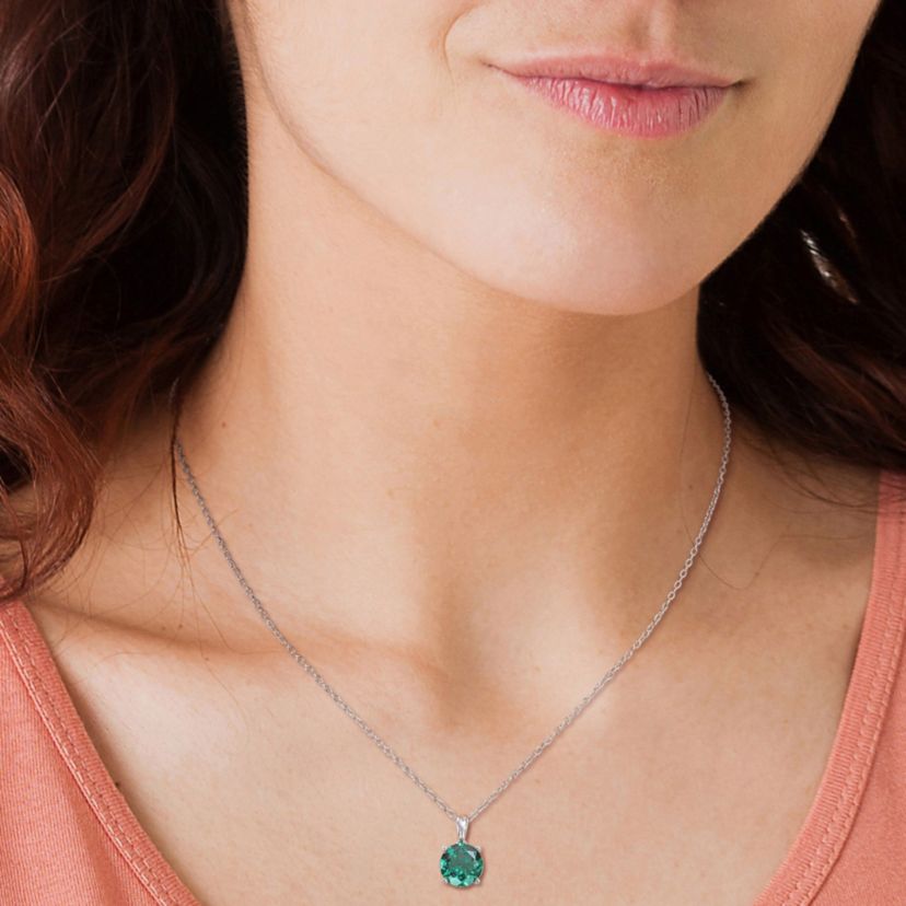 Lab Created Created Emerald Solitaire Design Pendant with Chain in Sterling Silver