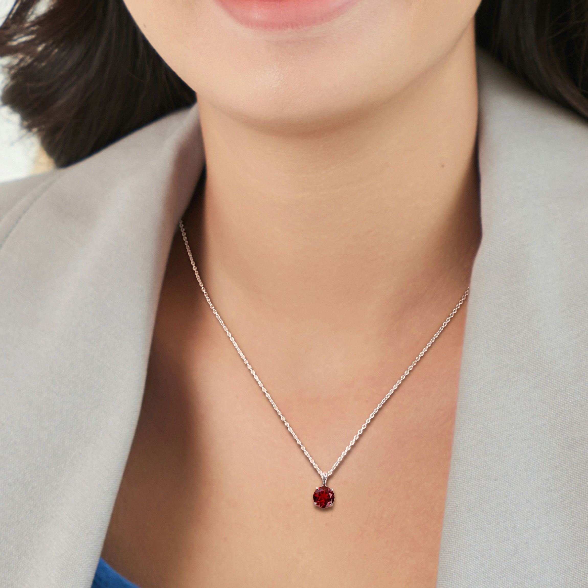 Garnet Solitaire Design Pendant with Chain in Sterling Silver
