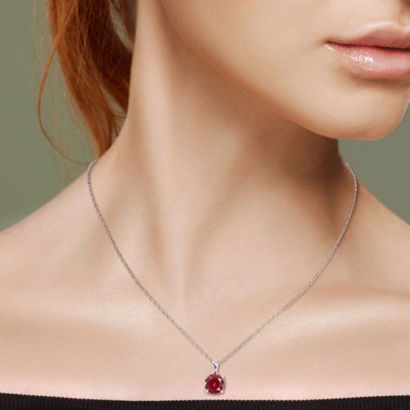 Lab Created Created Ruby Solitaire Design Pendant with Chain in Sterling Silver