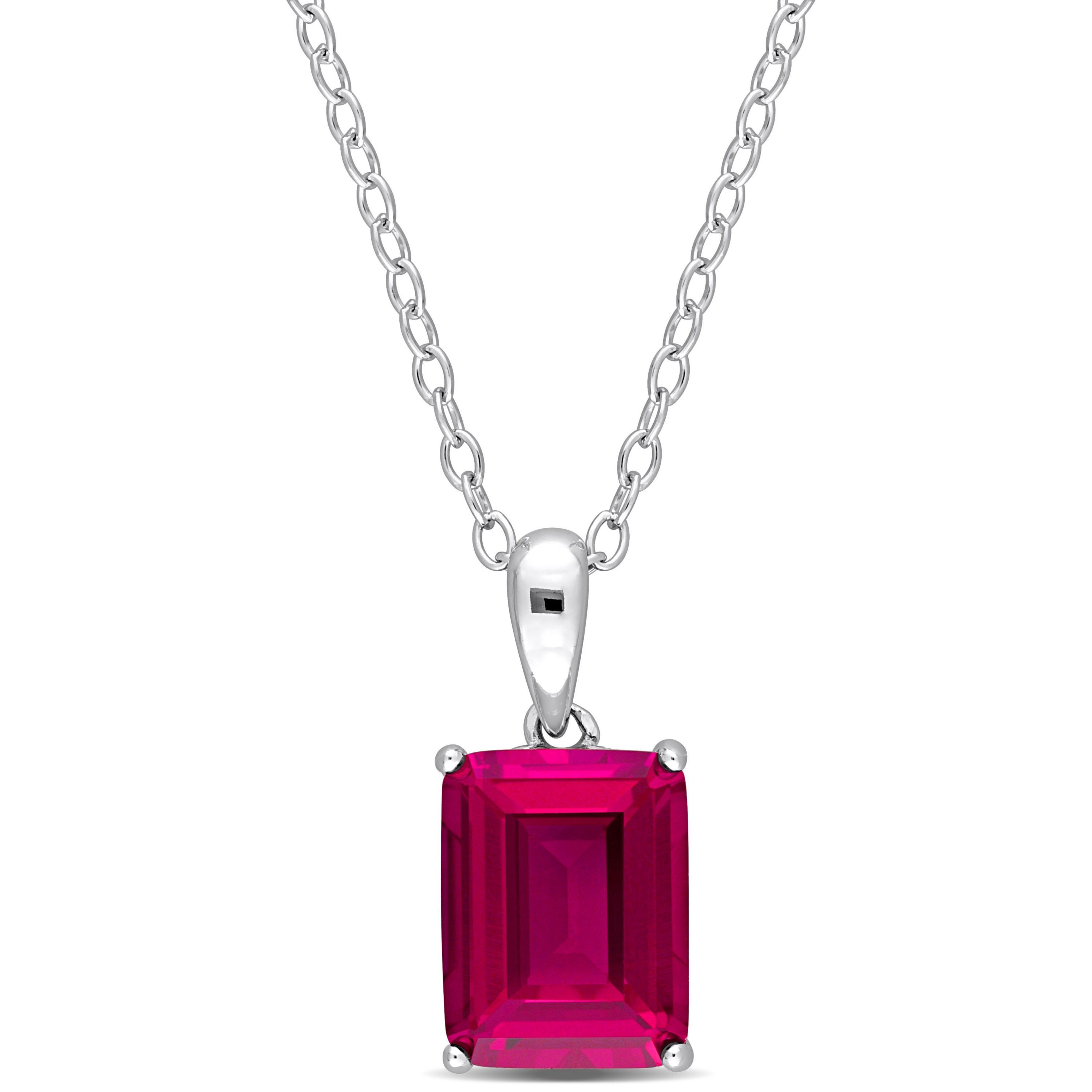Lab Created Created Ruby Solitaire Design Pendant with Chain in Sterling Silver