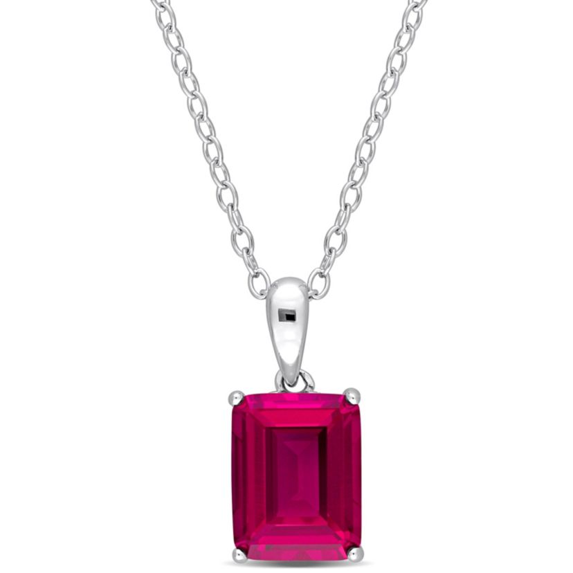 Lab Created Created Ruby Solitaire Design Pendant with Chain in Sterling Silver