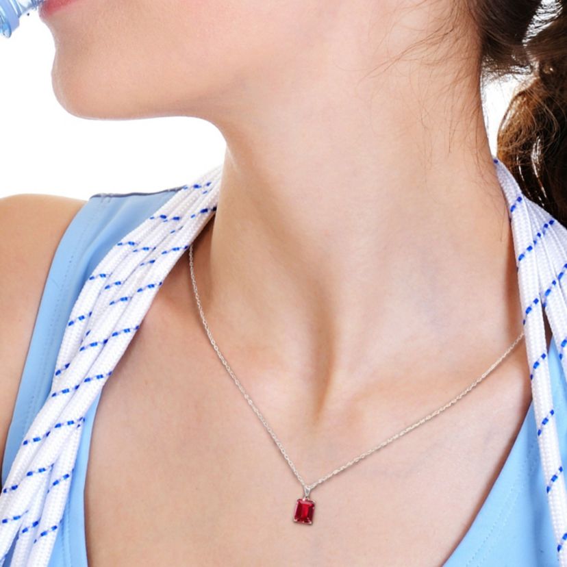 Lab Created Created Ruby Solitaire Design Pendant with Chain in Sterling Silver