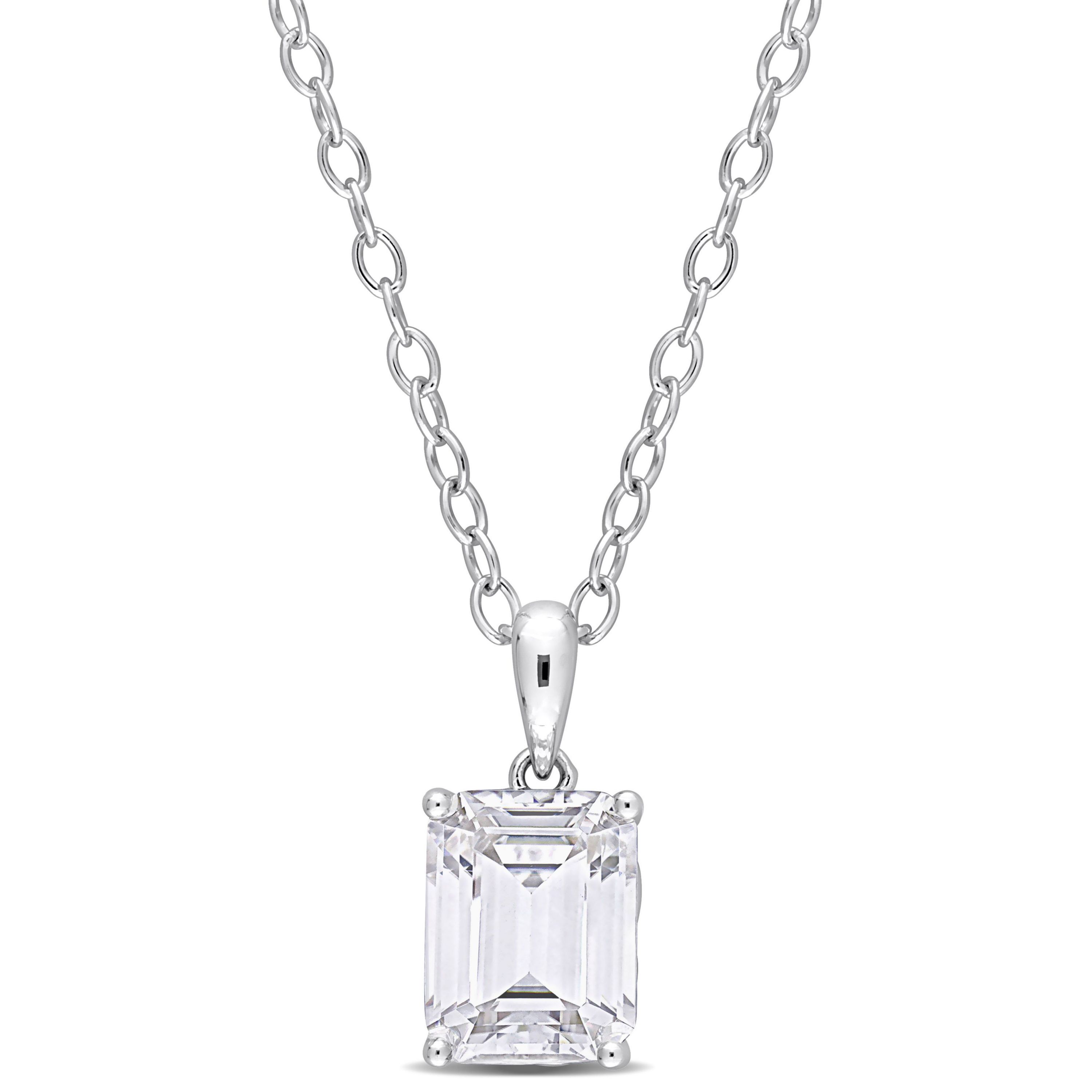 Lab Created Created White Sapphire Solitaire Design Pendant with Chain in Sterling Silver