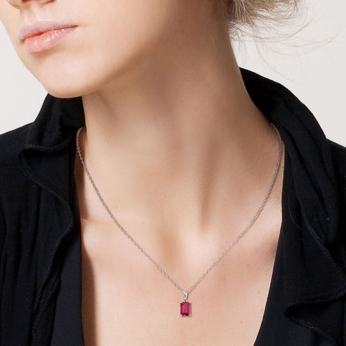Lab Created Created Ruby Solitaire Design Pendant with Chain in Sterling Silver