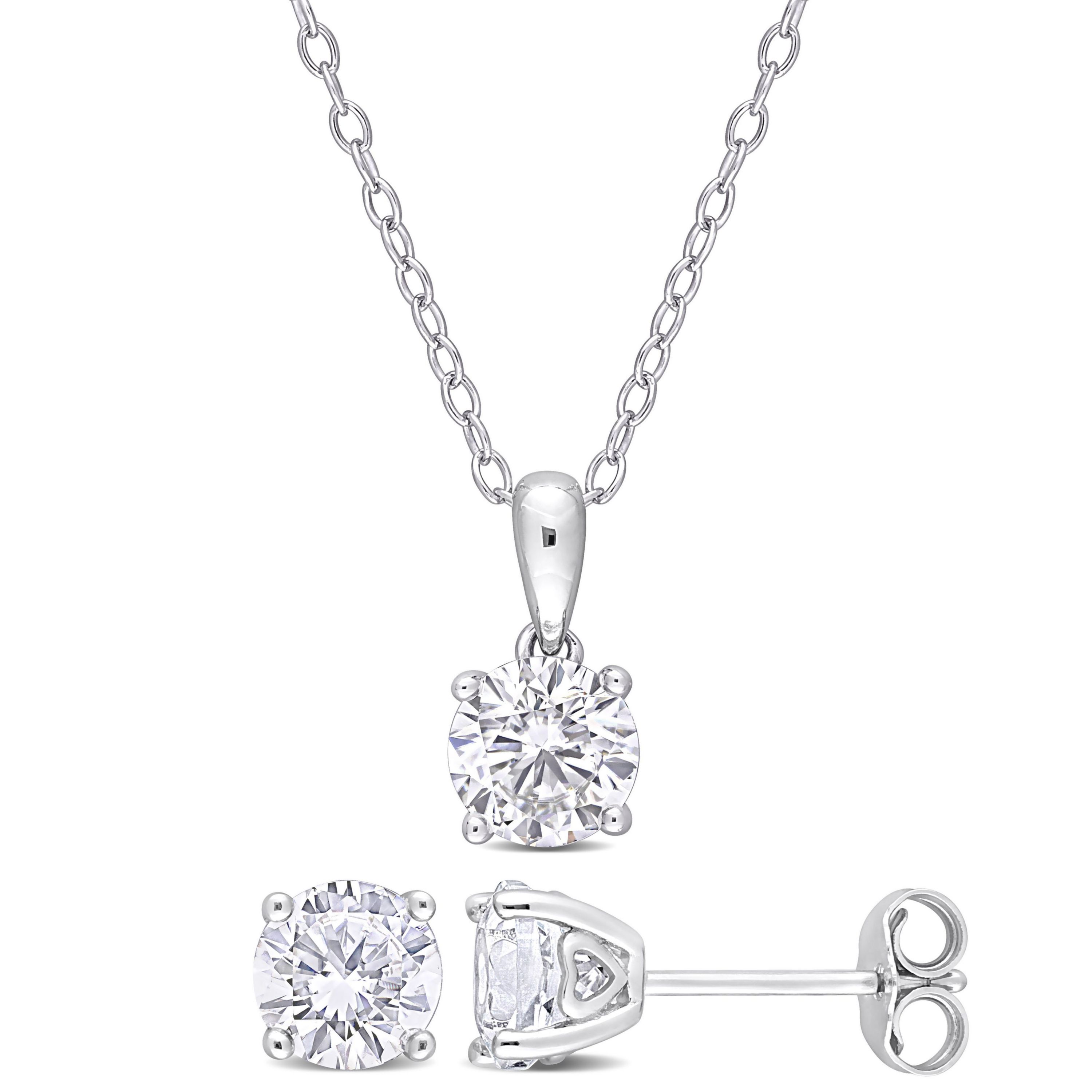 Lab Created Created White Sapphire Solitaire Pendant with Chain and Stud Earrings 2-Piece Set in Sterling Silver