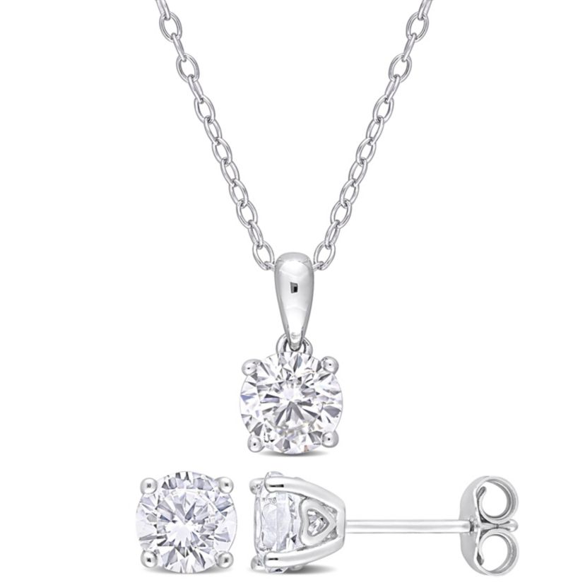 Lab Created Created White Sapphire Solitaire Pendant with Chain and Stud Earrings 2-Piece Set in Sterling Silver