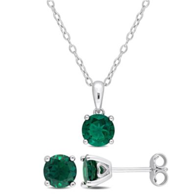 Belk & Co Lab Created Emerald Pendant with Chain and Earrings 2-Piece Set in Sterling Silver
