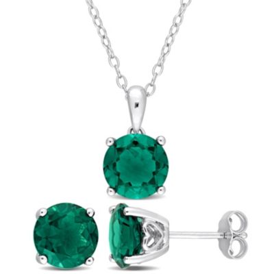 Belk & Co Lab Created Emerald Pendant with Chain and Earrings 2-Piece Set in Sterling Silver