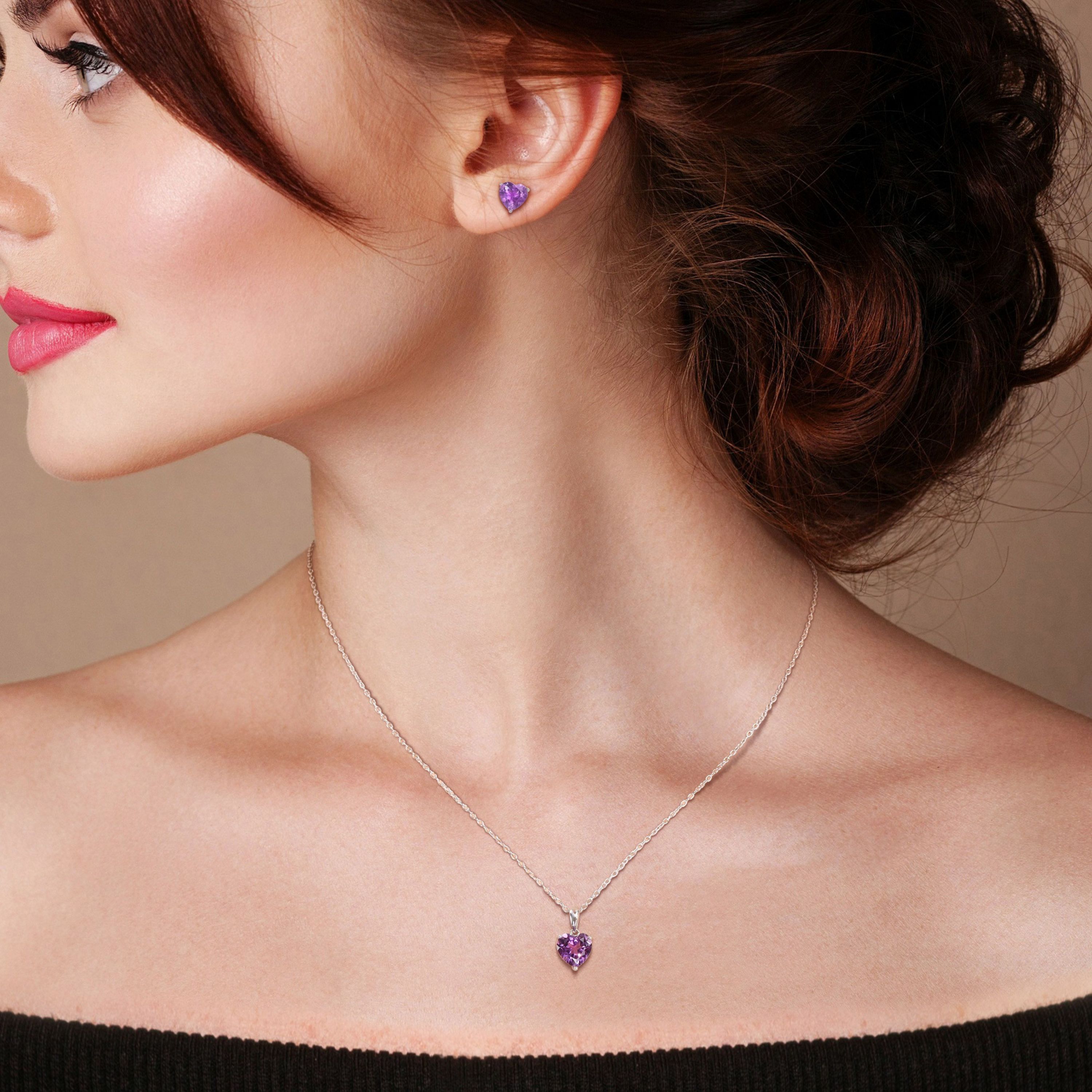 Amethyst Solitaire Pendant with Chain and Stud Earrings 2-Piece Set in Sterling Silver