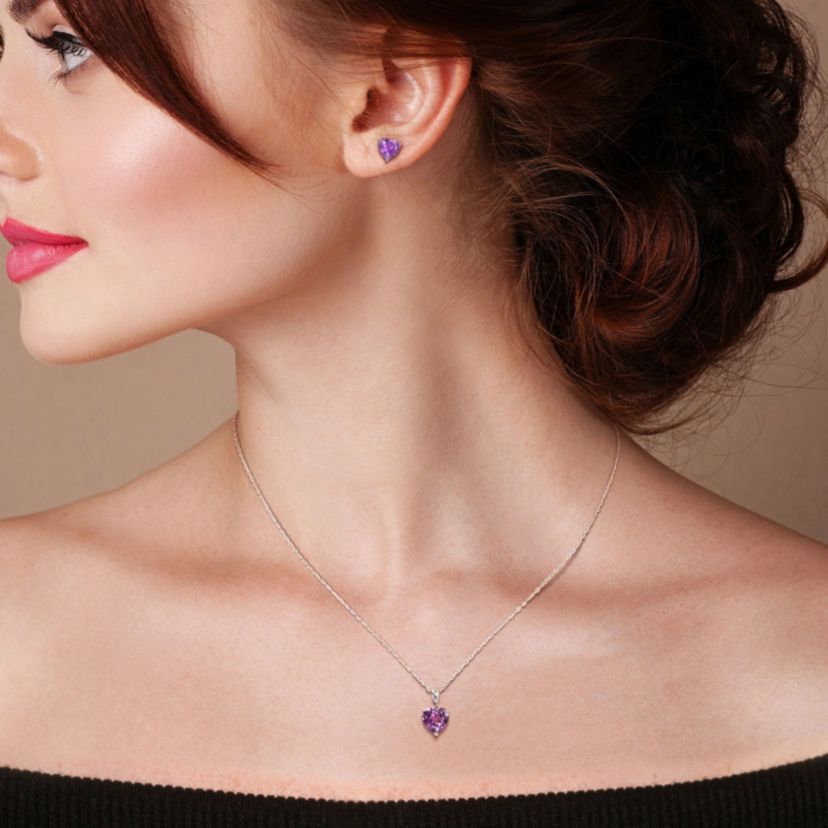 Amethyst Solitaire Pendant with Chain and Stud Earrings 2-Piece Set in Sterling Silver