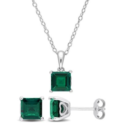 Belk & Co Lab Created Emerald Pendant with Chain and Earrings 2-Piece Set in Sterling Silver