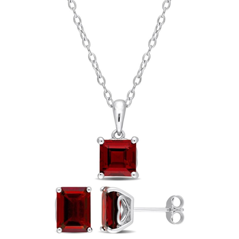 Garnet Solitaire Pendant with Chain and Stud Earrings 2-Piece Set in Sterling Silver