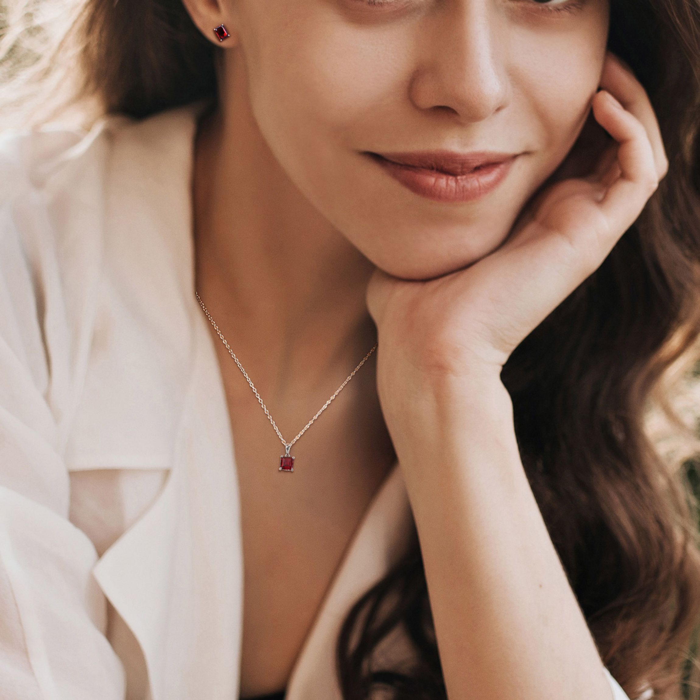 Garnet Solitaire Pendant with Chain and Stud Earrings 2-Piece Set in Sterling Silver