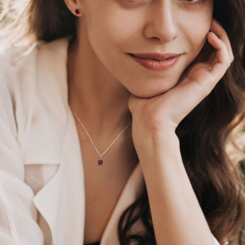 Garnet Solitaire Pendant with Chain and Stud Earrings 2-Piece Set in Sterling Silver