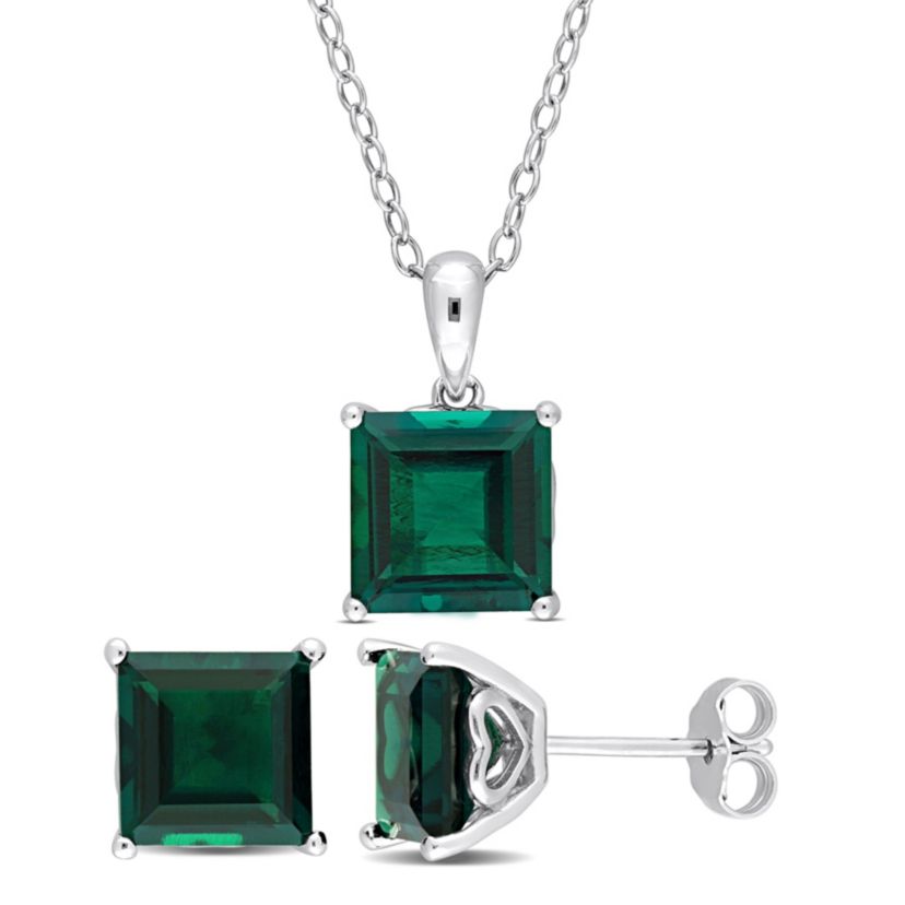 Lab Created Created Emerald Solitaire Pendant with Chain and Stud Earrings 2-Piece Set in Sterling Silver