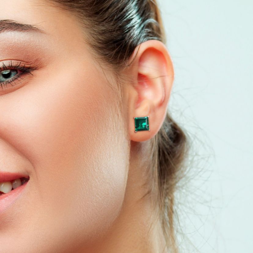 Lab Created Created Emerald Solitaire Pendant with Chain and Stud Earrings 2-Piece Set in Sterling Silver