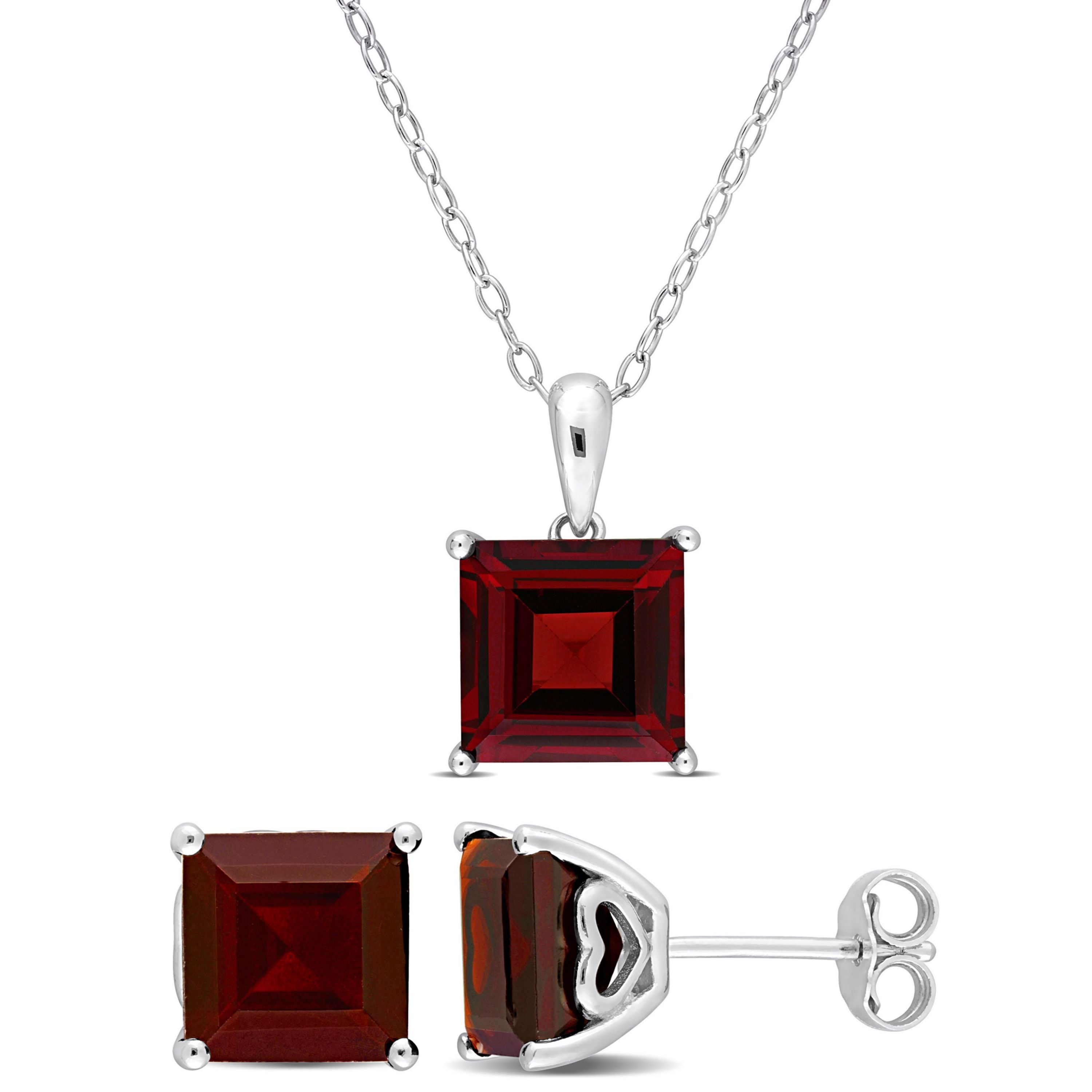 Garnet Solitaire Pendant with Chain and Stud Earrings 2-Piece Set in Sterling Silver