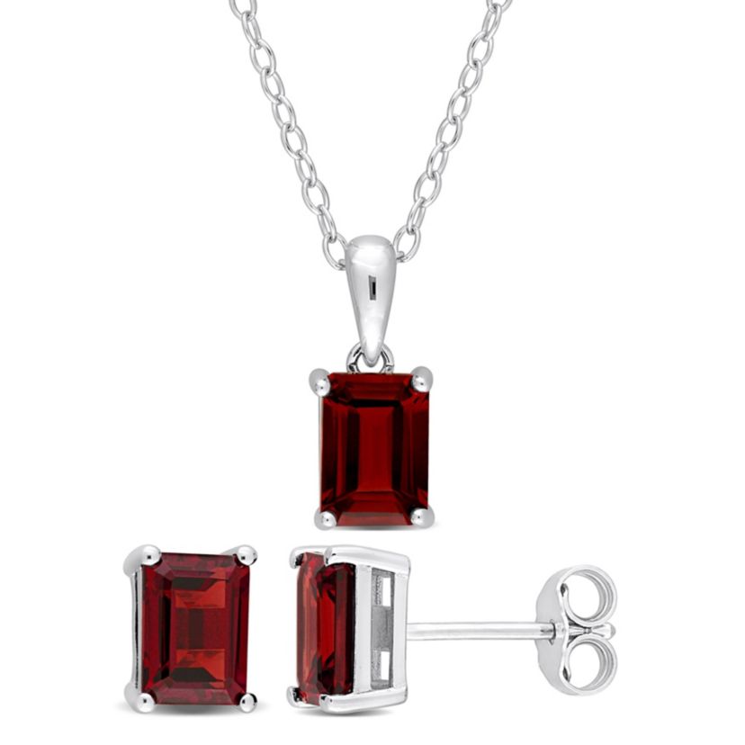 Garnet Solitaire Pendant with Chain and Stud Earrings 2-Piece Set in Sterling Silver