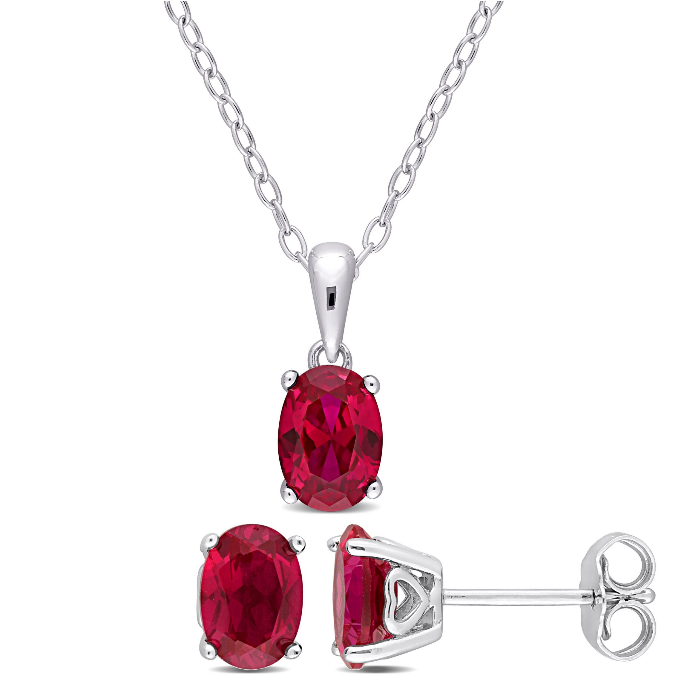Lab Created Created Ruby Solitaire Pendant with Chain and Stud Earrings 2-Piece Set in Sterling Silver