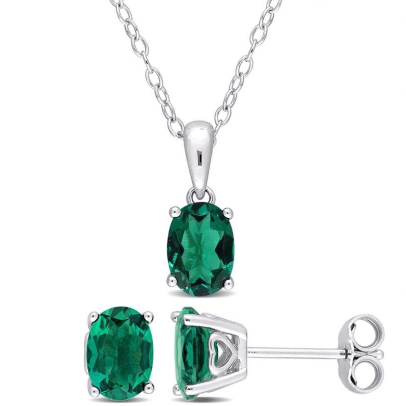 Lab Created Created Emerald Solitaire Pendant with Chain and Stud Earrings 2-Piece Set in Sterling Silver