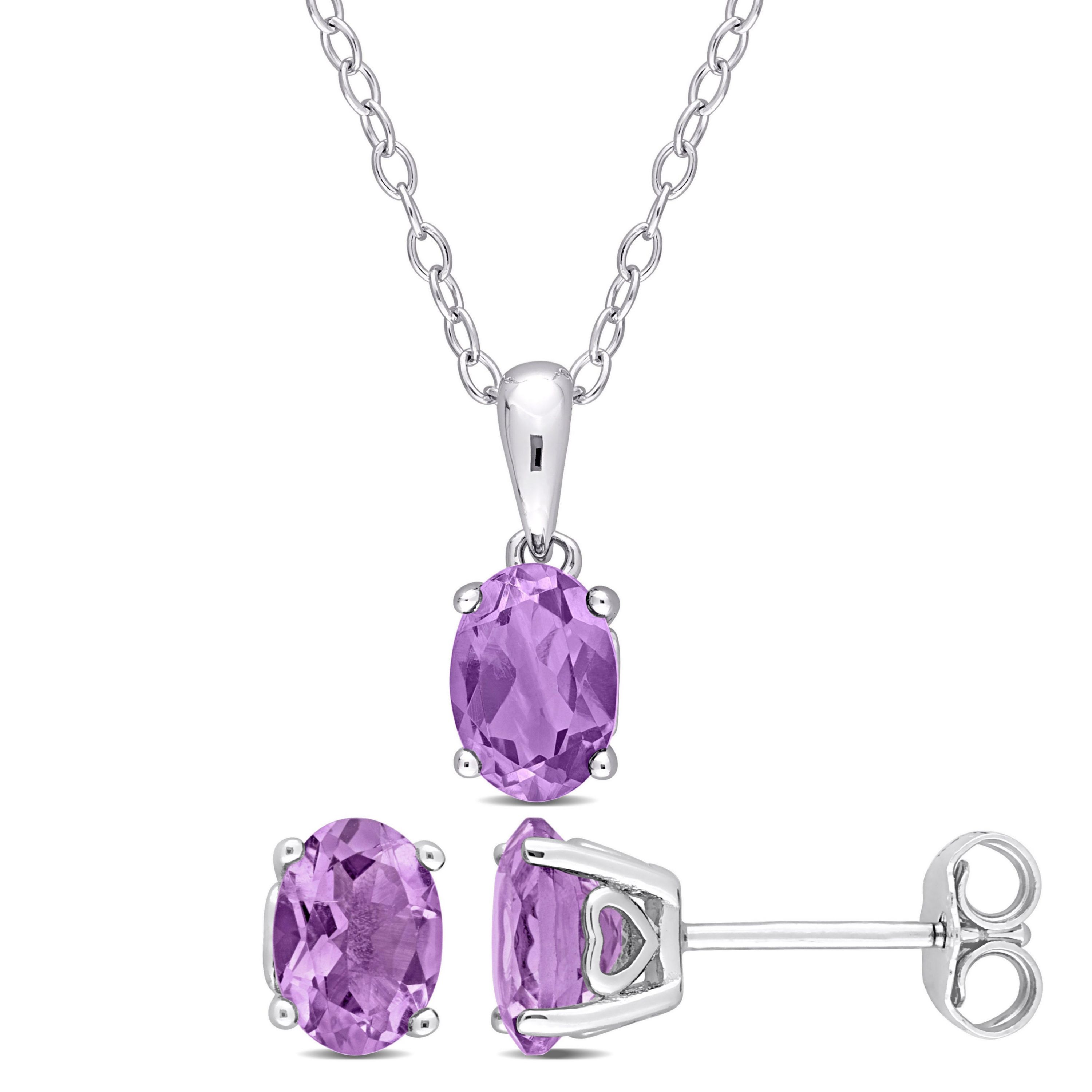 Amethyst Solitaire Pendant with Chain and Stud Earrings 2-Piece Set in Sterling Silver