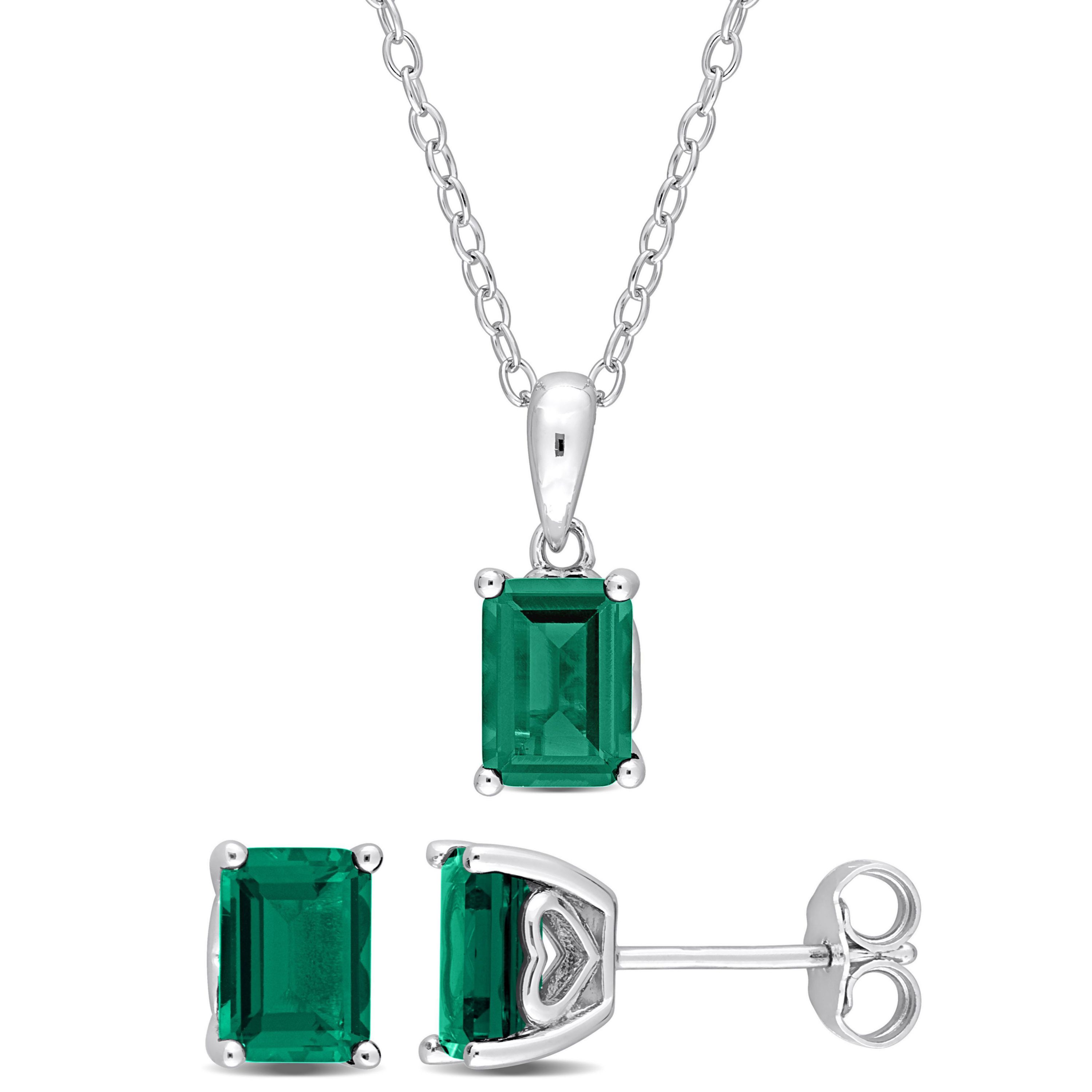 Lab Created Created Emerald Solitaire Pendant with Chain and Stud Earrings 2-Piece Set in Sterling Silver