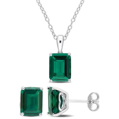 Belk & Co Lab Created Emerald Pendant with Chain and Earrings 2-Piece Set in Sterling Silver