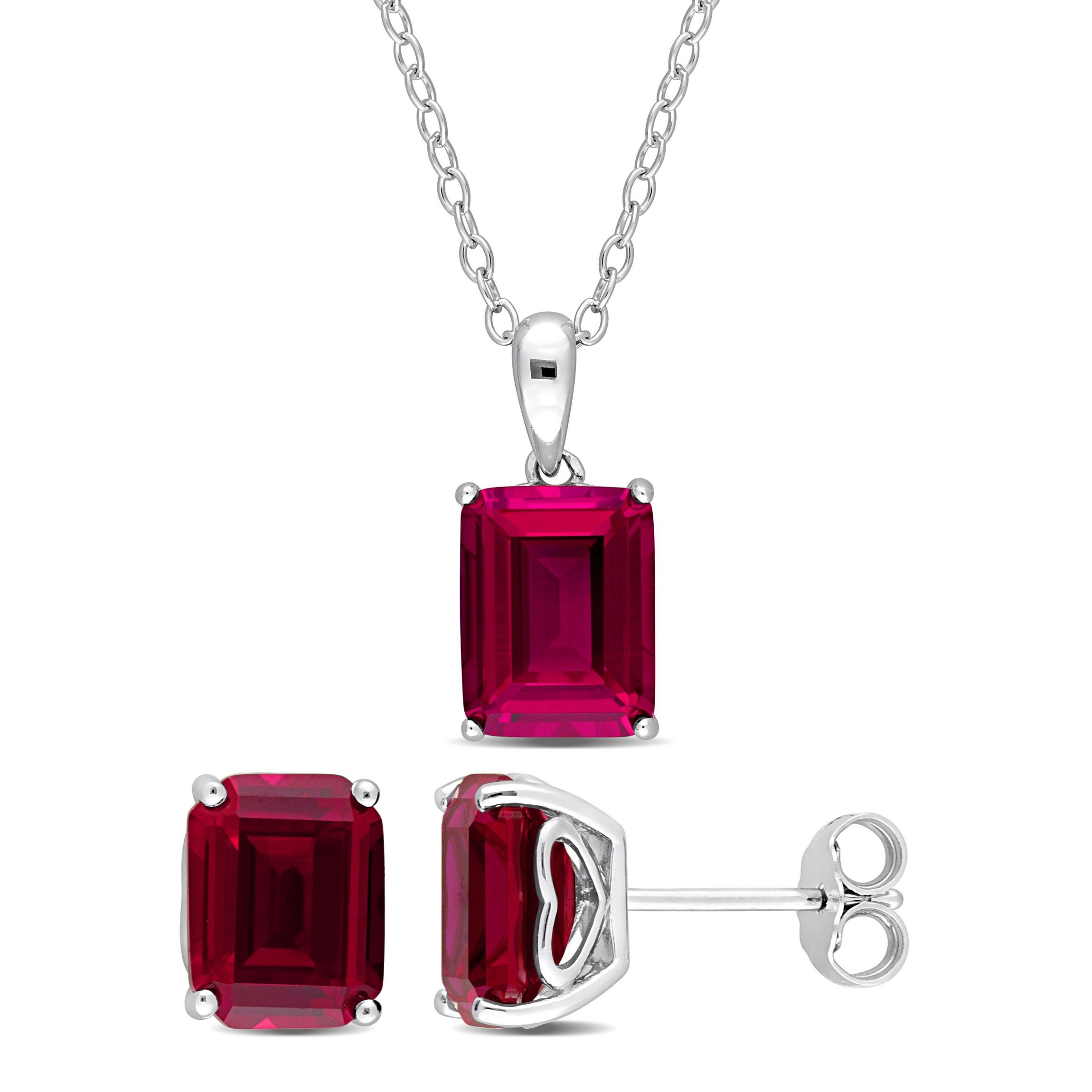Lab Created Created Ruby Solitaire Pendant with Chain and Stud Earrings 2-Piece Set in Sterling Silver