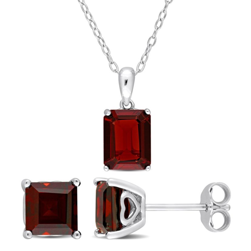 Garnet Solitaire Pendant with Chain and Stud Earrings 2-Piece Set in Sterling Silver