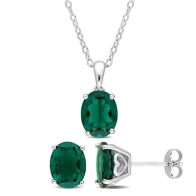 Belk & Co Lab Created Emerald Pendant with Chain and Earrings 2-Piece Set in Sterling Silver