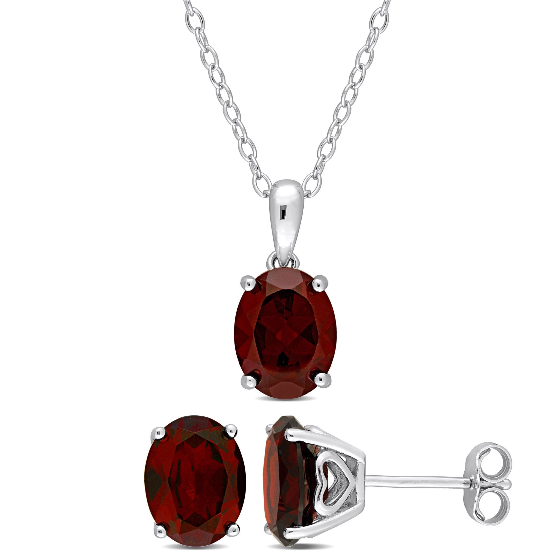 Garnet Solitaire Pendant with Chain and Stud Earrings 2-Piece Set in Sterling Silver