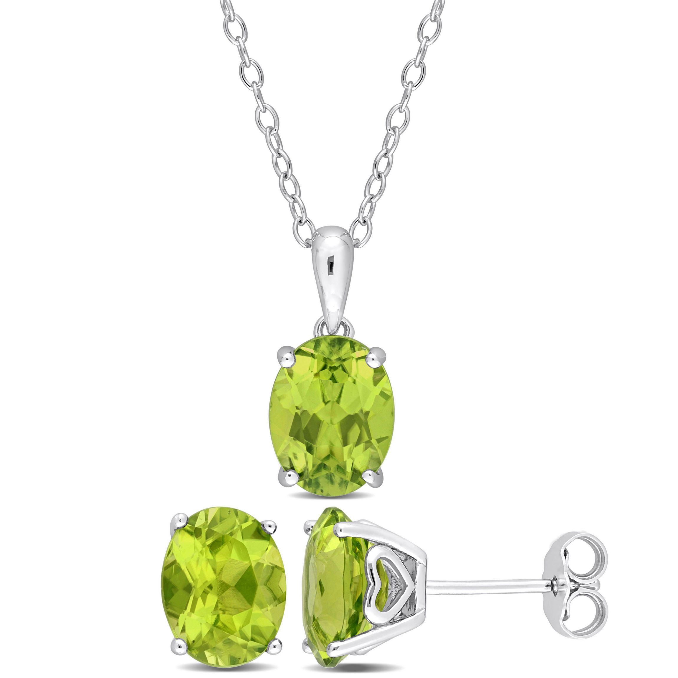 Peridot Solitaire Pendant with Chain and Stud Earrings 2-Piece Set in Sterling Silver