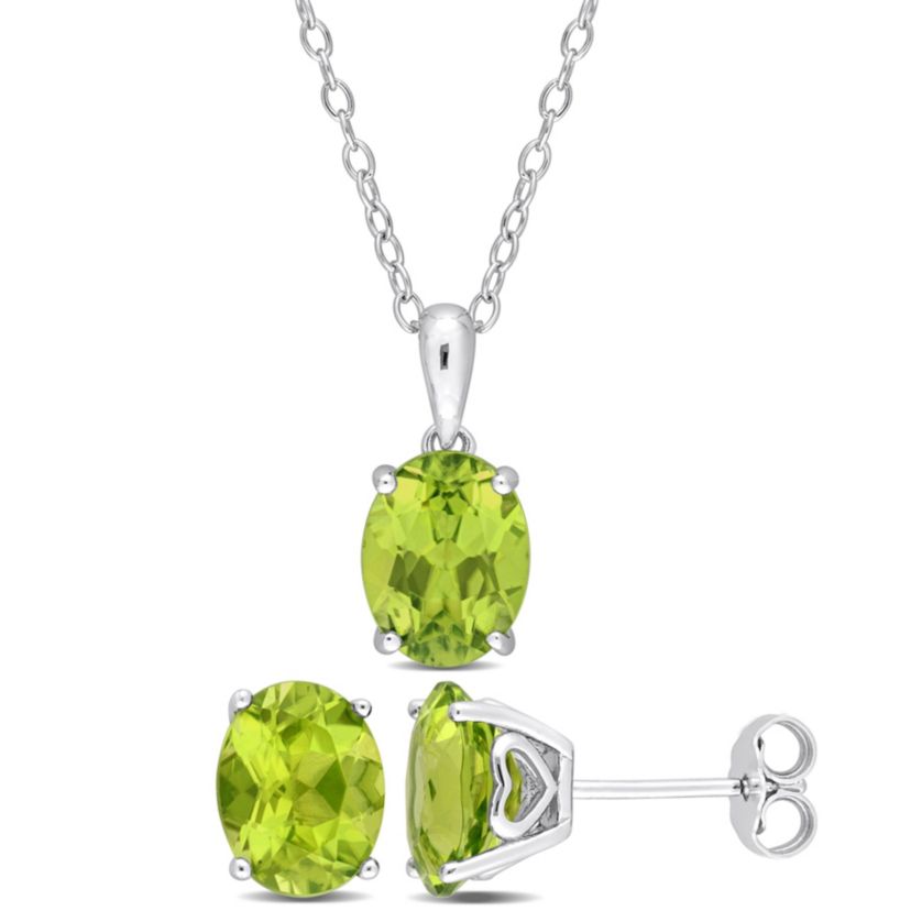 Peridot Solitaire Pendant with Chain and Stud Earrings 2-Piece Set in Sterling Silver