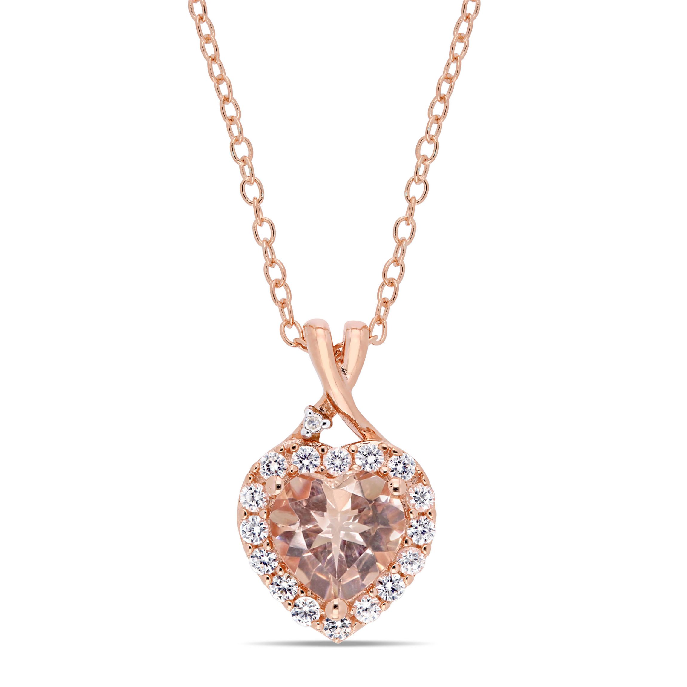 Lab Created Morganite and Created White Sapphire  with Diamond Accent Heart Pendant with Chain in Rose Plated Sterling Silver