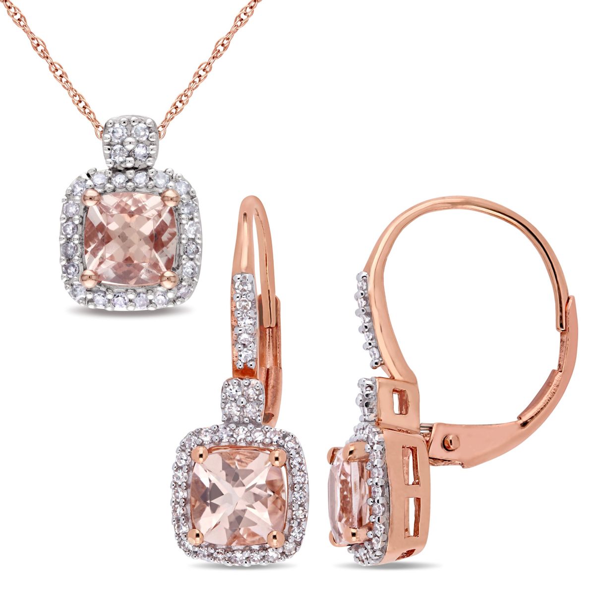 2 PC Set of Morganite and 1/3 ct. t.w. Diamond Earrings and Pendant with Chain in 10K Rose Gold