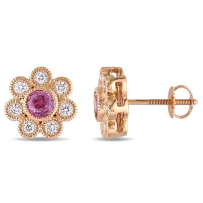 Belk & Co Pink Sapphire and 3/8 ct. t.w. Diamond Flower Stud Earrings in 14K Rose Gold