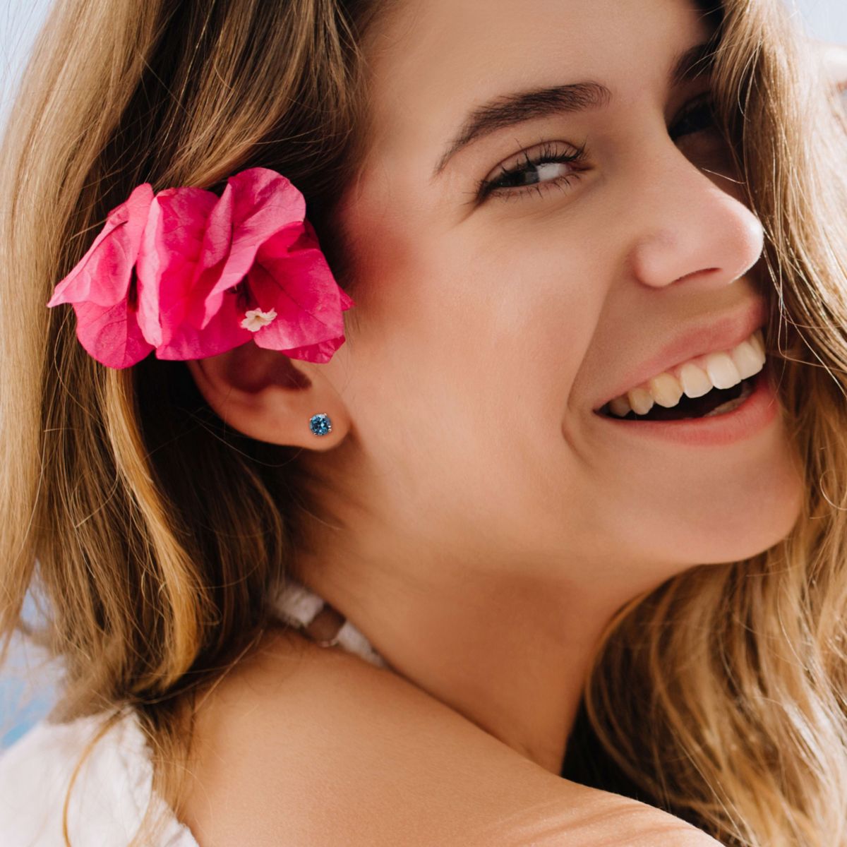 London-Blue Topaz Solitaire Stud Earrings in 14K Yellow Gold