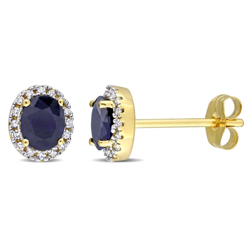Blue Sapphire and 1/8 ct. t.w. Diamond Halo Stud Earrings in 14K Yellow Gold